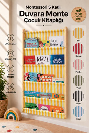 Montessori 5 Katlı Ahşap Çocuk Kitaplığı – Kumaş Cepli Duvara Monte Kitaplık Sarı