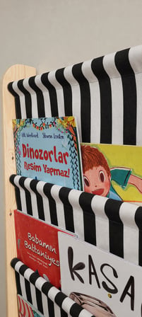 Montessori 5 Katlı Ahşap Çocuk Kitaplığı – Kumaş Cepli Duvara Monte Kitaplık Siyah