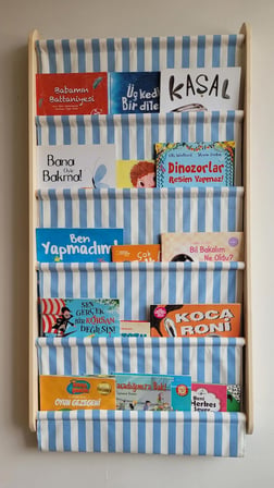 Montessori 5 Katlı Ahşap Çocuk Kitaplığı – Kumaş Cepli Duvara Monte Kitaplık Mavi