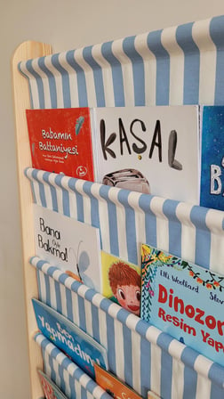 Montessori 5 Katlı Ahşap Çocuk Kitaplığı – Kumaş Cepli Duvara Monte Kitaplık Mavi