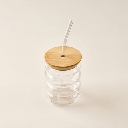 Balsa Maris Bambu Kapaklı Cam Pipetli Bardak - Şeffaf / Açık Kahverengi - 450  ml