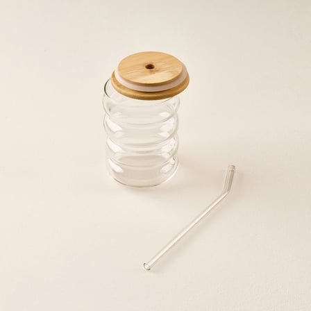 Balsa Maris Bambu Kapaklı Cam Pipetli Bardak - Şeffaf / Açık Kahverengi - 450  ml