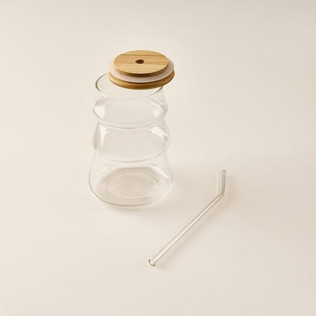 Balsa Onda Bambu Kapaklı Cam Pipetli Bardak - Şeffaf / Açık Kahverengi - 450 ml