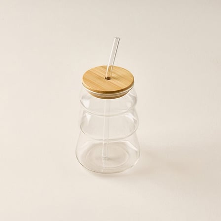 Balsa Onda Bambu Kapaklı Cam Pipetli Bardak - Şeffaf / Açık Kahverengi - 450 ml