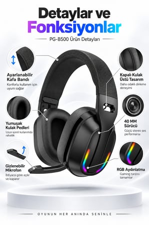 PG-B500 V5.4 Bluetooth Kablosuz Gaming Kulaklık RGB Aydınlatma 26 Saat Pil Düşük Gecikme