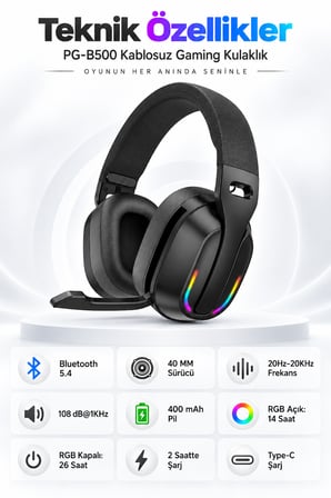PG-B500 V5.4 Bluetooth Kablosuz Gaming Kulaklık RGB Aydınlatma 26 Saat Pil Düşük Gecikme