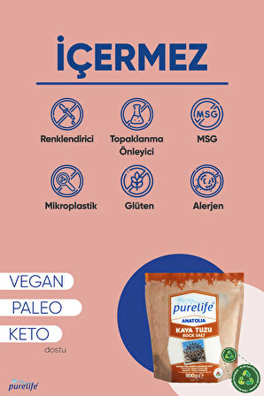 Purelife Kaya Tuzu Ince Iyotlu Anadolu Kaya Tuzu 800g | Rafine Edilmemiş & Doğal Tuz | Yüksek Mineralli