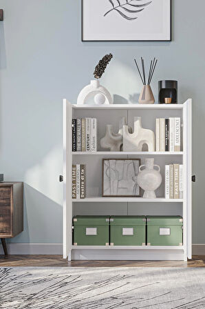 Bili Yatay Kitaplık 3 Raflı 2 Kapaklı Çok Amaçlı Ofis Salon Çalışma Odası Kütüphane Rafı Beyaz