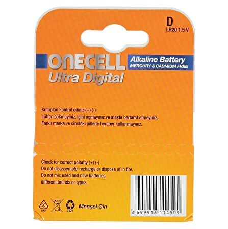 Onecell Ultra Dijital Alkalin D Boy Pil 2li