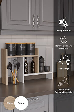 Lidya Çok Amaçlı Raf Mutfak Tezgah Üstü Organizer Banyo Mutfak Düzenleyici Beyaz Meşe
