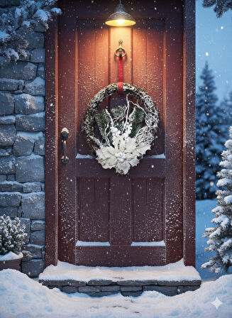 33 cm Karlı Dallı Yuvarlak Yılbaşı Kapı Süsü – Çiçekli ve Çam Dallı Dekoratif Model