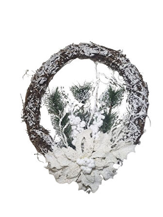 33 cm Karlı Dallı Yuvarlak Yılbaşı Kapı Süsü – Çiçekli ve Çam Dallı Dekoratif Model