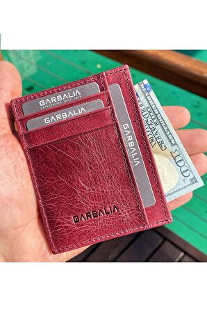 %100 El Yapımı Crazy Deri Bordo Unisex Slim Para Portföy