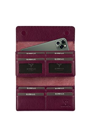 Paris Hakiki Deri Saraç Dikişli Telefon Bölmeli Mürdüm Kadın Portföy Cüzdanı