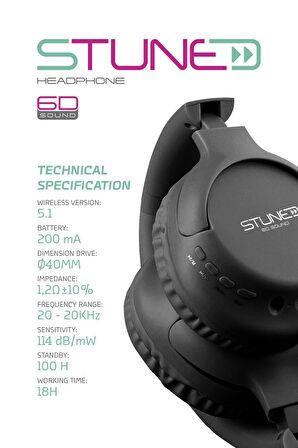 Stune Kulaküstü Siyah Bluetooth Kulaklık Hafıza Kartı 6D Sound 18 Saat Kullanım Süresi