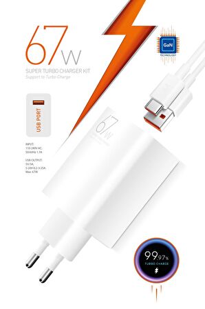 Powerway M67S Set Süper Turbo 67W Hızlı Şarj Adaptörü Gan Teknoloji Usb Şarj Başlığı Ekstra Kablolu