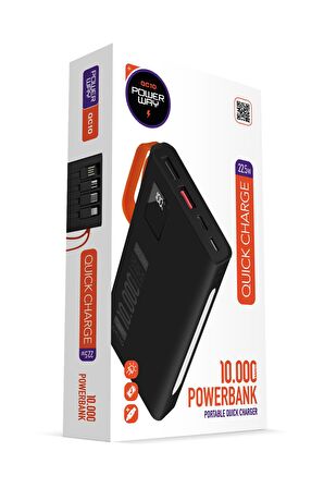 Powerway 10.000 Mah Pd 22.5W Dahili Kablolu Hızlı Şarj Gerçek 10.000 Mah QC10 Siyah Powerbank