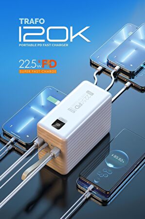 Powerway 120.000 MAH PD 22.5W HIZLI ŞARJ Dahili Kablolu Gerçek 120.000 MAH TRAFO POWERBANK