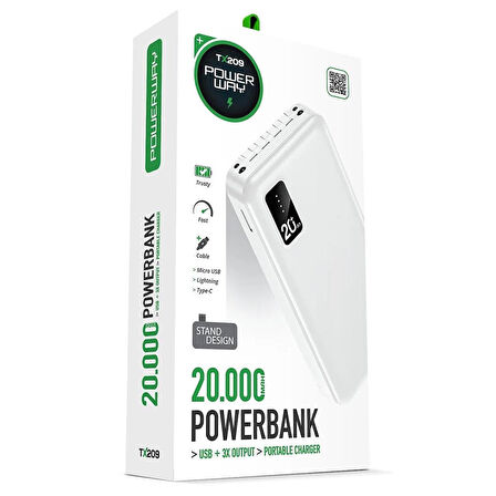 Powerway TX209 20.000Mah Kablolu Dijital Göstergeli Fenerli Powerbank Dahili Telefon Stand (MİCRO - TYPE C - LİGHTNİNG)