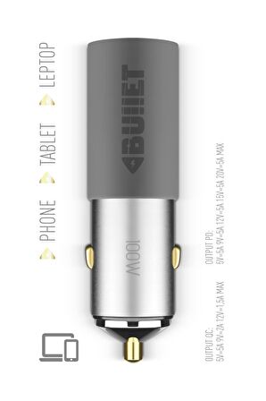 Powerway Bullet 100W Araç Çakmaklık Şarj Cihazı Type-C ve Usb Çıkışlı Profesyonel Turbo Hızlı Şarj