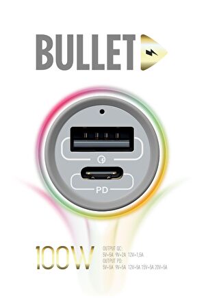 Powerway Bullet 100W Araç Çakmaklık Şarj Cihazı Type-C ve Usb Çıkışlı Profesyonel Turbo Hızlı Şarj
