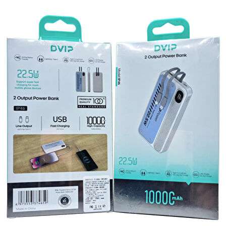 PD 22.5W 10.000 mAh Dijital Göstergeli Kablolu Powerbank IP46