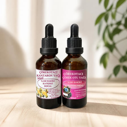 Kantaron Yağı 50 ml + Soğuk Pres Çörek Otu Yağı 50 ml – 2'li Damlalıklı Şişe Seti