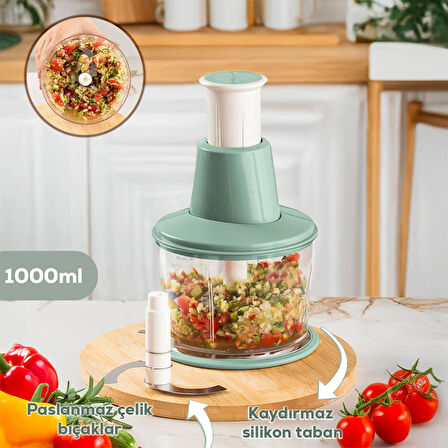 Porsima 232 Basmalı Pratik El Rondosu 3 Bıçaklı Blender Doğrayıcı 1000ml Yeşil