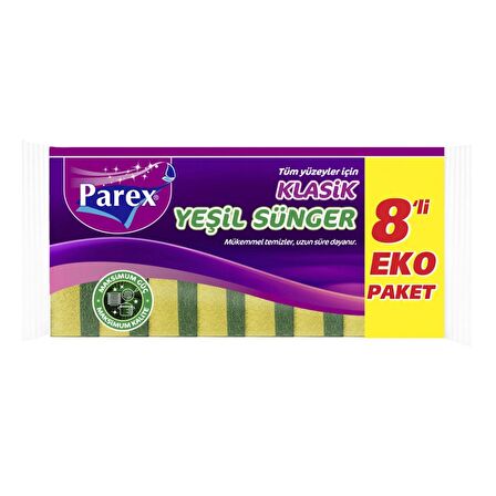 Parex bulaşık süngeri yeşil klasik 8'li düz