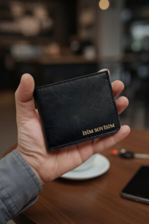Vegan Deri Cüzdan İsim Baskılı Süper Ince Model 5 Adet Kart Kapasiteli Gizli Çıtçıtlı Kapama Siyah