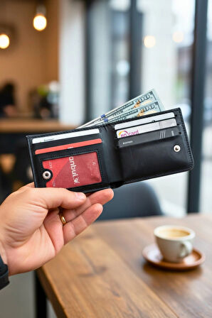 Vegan Deri Cüzdan İsim Baskılı Süper Ince Model 5 Adet Kart Kapasiteli Gizli Çıtçıtlı Kapama Siyah