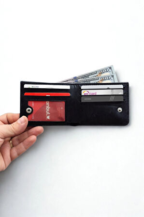 Vegan Deri Cüzdan İsim Baskılı Süper Ince Model 5 Adet Kart Kapasiteli Gizli Çıtçıtlı Kapama Siyah