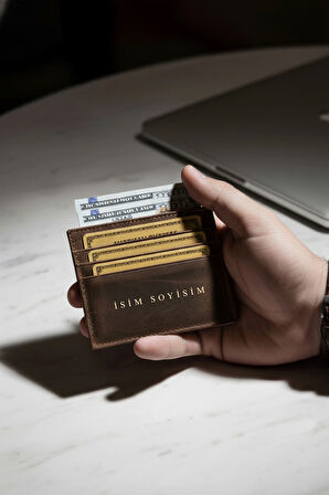 İsim Baskılı Hakiki Deri Kartlık & Cüzdan | 6 Kart Kapasiteli Crazy Kahverengi