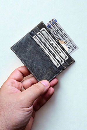 Hakiki Crazy Deri Kartlık Ultra ince Minimal Tasarım Kişiye Özel İsim Baskılı Gri