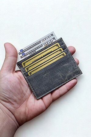 Hakiki Crazy Deri Kartlık Ultra ince Minimal Tasarım Kişiye Özel İsim Baskılı Gri