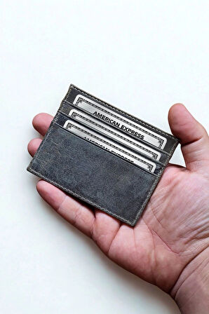 Hakiki Crazy Deri Kartlık Ultra ince Minimal Tasarım Kişiye Özel İsim Baskılı Gri