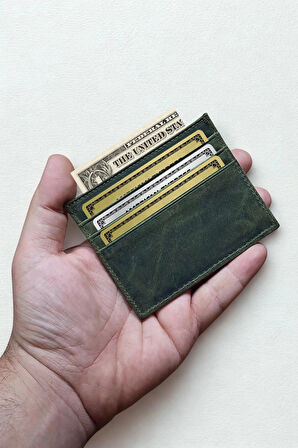 Hakiki Crazy Deri Kartlık Ultra ince Minimal Tasarım Kişiye Özel İsim Baskılı Haki