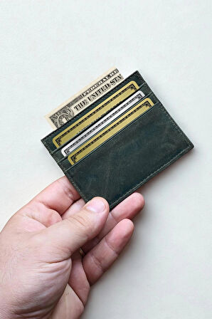 Hakiki Crazy Deri Kartlık Ultra ince Minimal Tasarım Kişiye Özel İsim Baskılı Haki