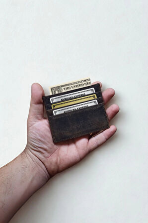 Hakiki Crazy Deri Kartlık Ultra ince Minimal Tasarım Kişiye Özel İsim Baskılı Kahverengi