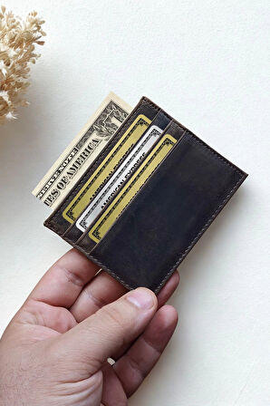 Hakiki Crazy Deri Kartlık Ultra ince Minimal Tasarım Kişiye Özel İsim Baskılı Kahverengi