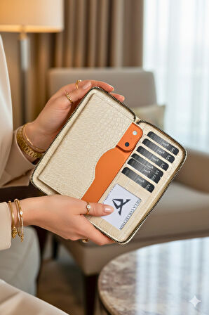 Telefon Bölmeli Timsah Desenli Fermuarlı Kadın Cüzdanı Bej Vegan Deri