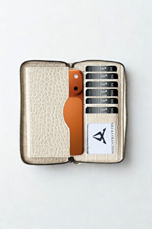 Telefon Bölmeli Timsah Desenli Fermuarlı Kadın Cüzdanı Bej Vegan Deri