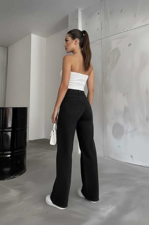 Çnr Siyah Salaş Likralı Rahat Kesim Palazzo Kot Pantolon Jean New-1