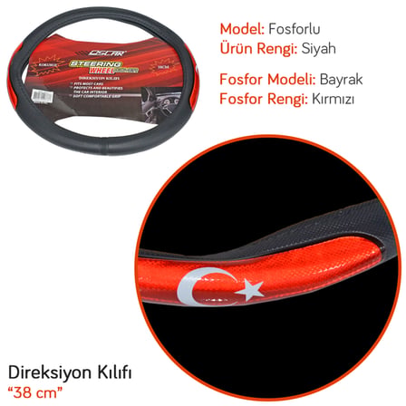 Oscar Geçmeli Direksiyon Kılıfı Fosforlu Siyah (Türk Bayrağı) 38 cm OSN-1350