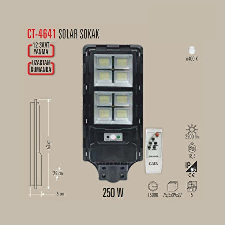 CATA Solar Sokak Armatürü Sensörlü Uzaktan Kumandalı 250W
