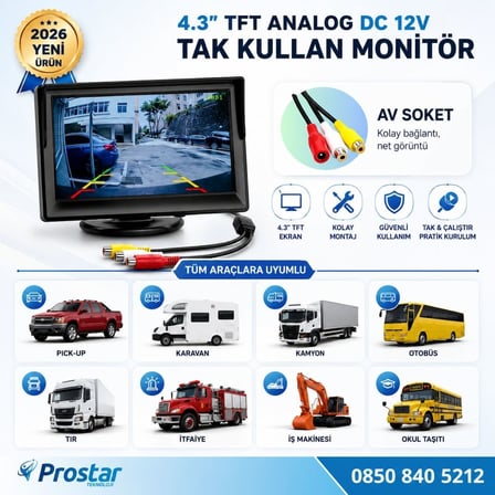 4.3 inç TFT Analog Araç Monitörü Tak Kullan RCA, DC 12V Geri Görüş Ekranı
