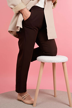 Kadın Dar Kalıp Havuç Pantolon Bel Lastikli Pantolon Koyu Kahverengi