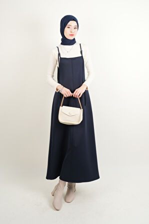 Tesettür Elbise Biye Nakışlı Denim Elbise Mavi