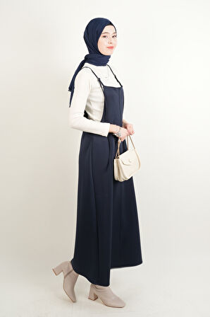 Tesettür Elbise Biye Nakışlı Denim Elbise Mavi