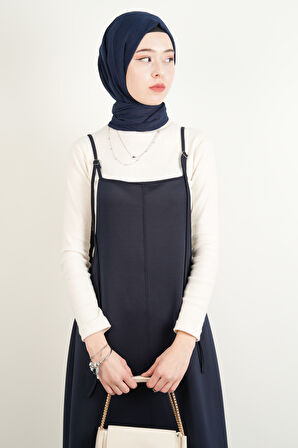 Tesettür Elbise Biye Nakışlı Denim Elbise Mavi